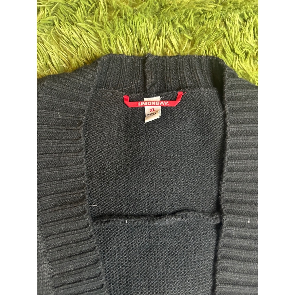 Unionbay Cardigan Womens XL Black Geometric Open Front Knit Sweater Retro Boho - Picture 2 of 9